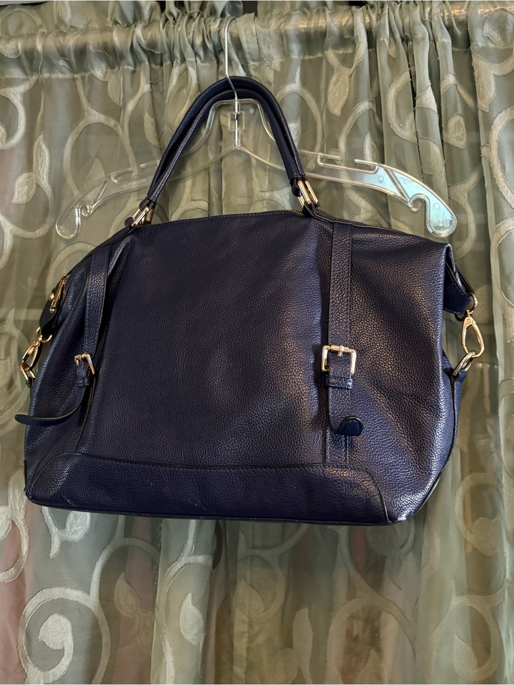 Navy Pebbled Leather Satchel Handbag, Ora Delphne